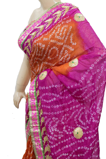 Orange Pink Taffeta Silk Bandhani Saree with Gota Work Border - KANHASAREE