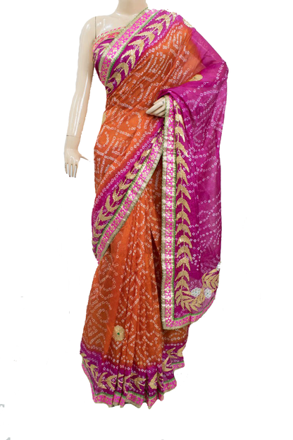 Orange Pink Taffeta Silk Bandhani Saree with Gota Work Border - KANHASAREE