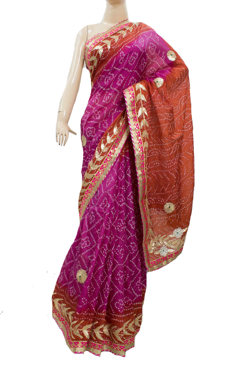 Pink Orange Taffeta Silk Bandhani Saree with Gota Work Border - KANHASAREE