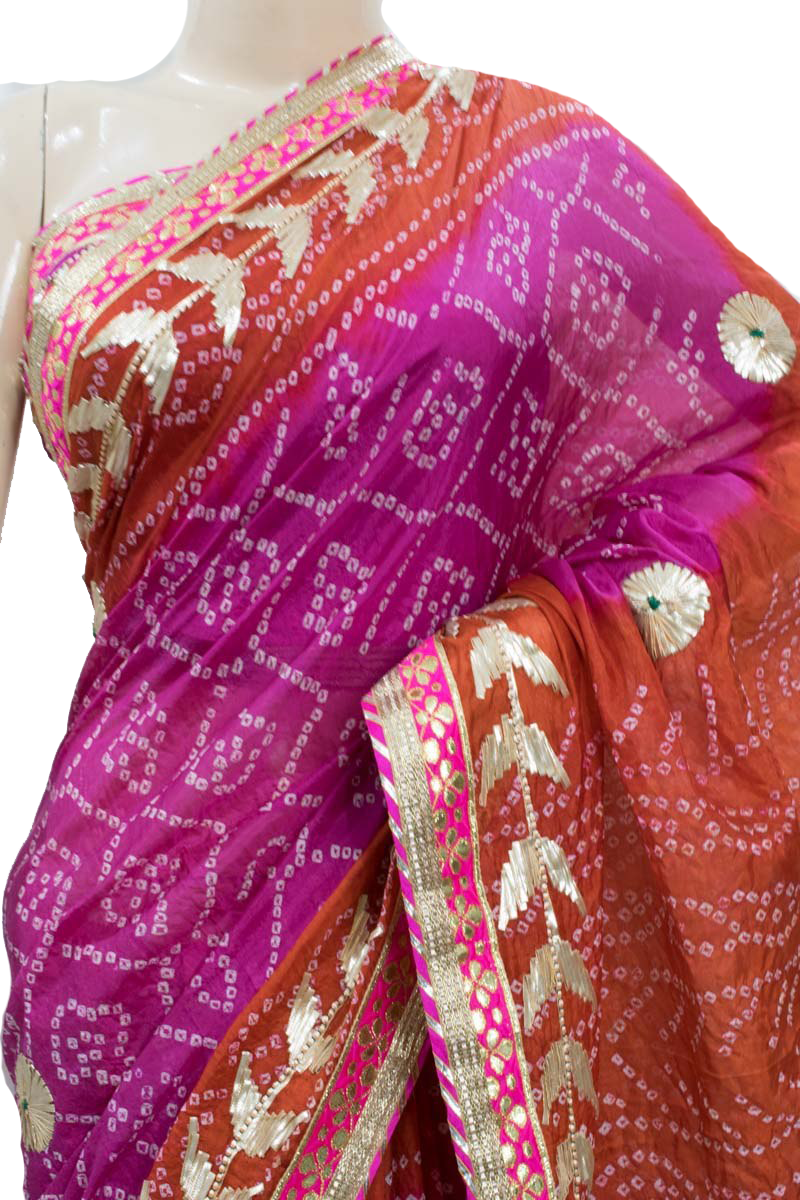 Pink Orange Taffeta Silk Bandhani Saree with Gota Work Border - KANHASAREE