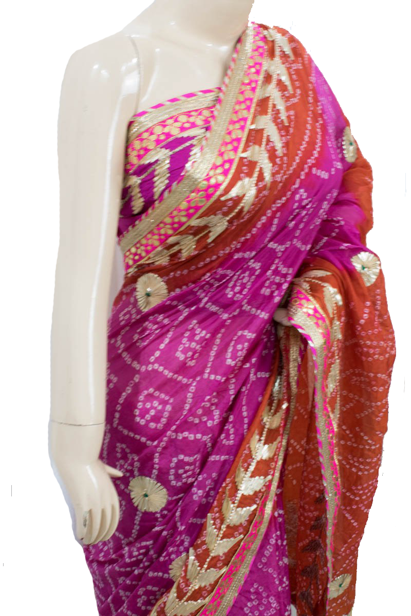 Pink Orange Taffeta Silk Bandhani Saree with Gota Work Border - KANHASAREE