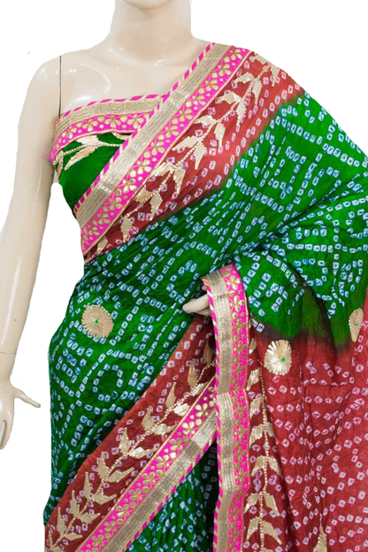 Green Red Taffeta Silk Bandhani Saree with Gota Work Border - KANHASAREE