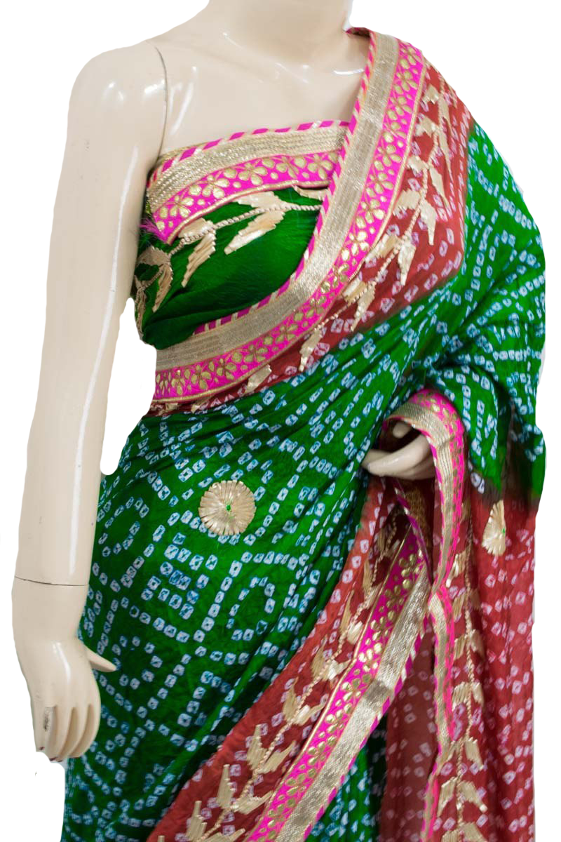 Green Red Taffeta Silk Bandhani Saree with Gota Work Border - KANHASAREE