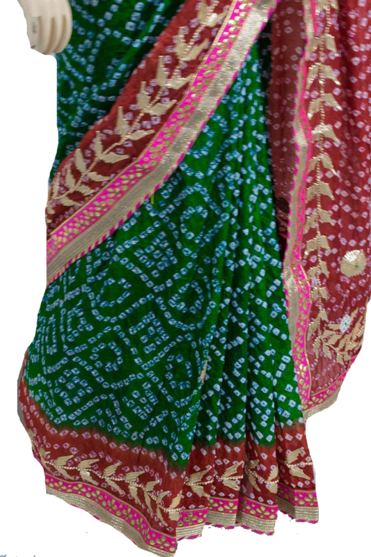 Green Red Taffeta Silk Bandhani Saree with Gota Work Border - Kanhasarees by ksds