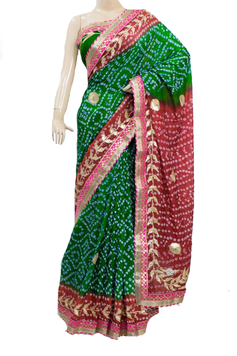 Green Red Taffeta Silk Bandhani Saree with Gota Work Border - KANHASAREE