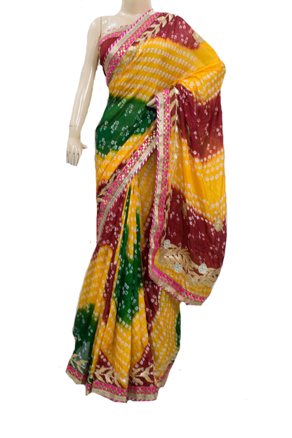 Yellow Green Red Taffeta Silk Bandhani Saree with Gota Work Border - KANHASAREE