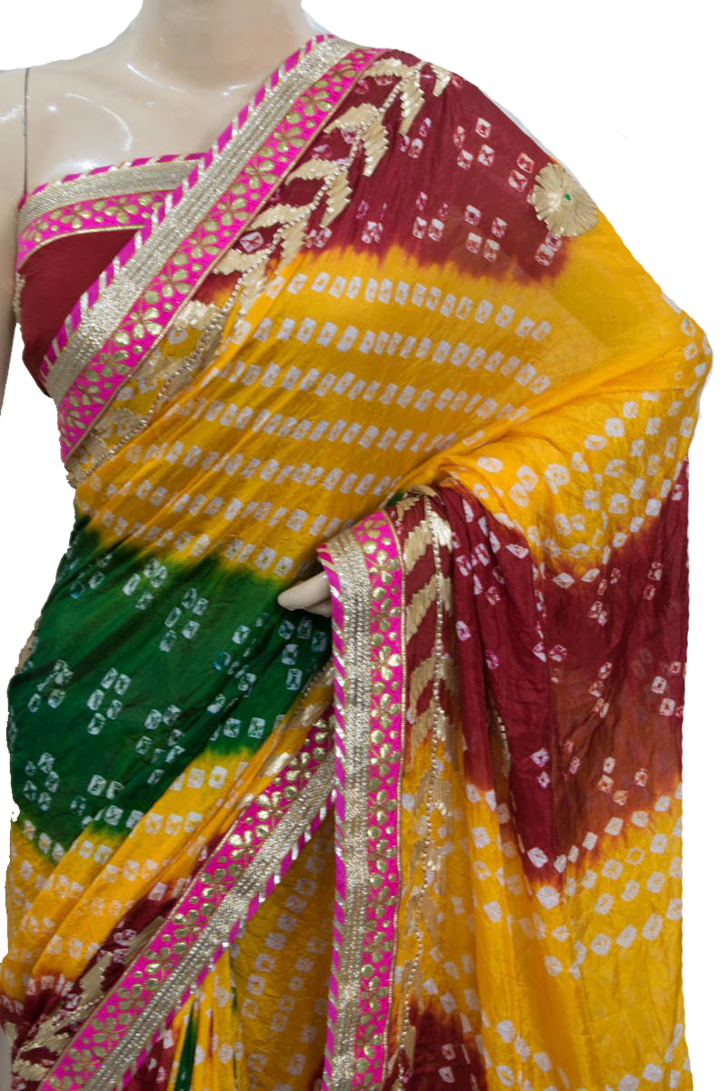 Yellow Green Red Taffeta Silk Bandhani Saree with Gota Work Border - KANHASAREE