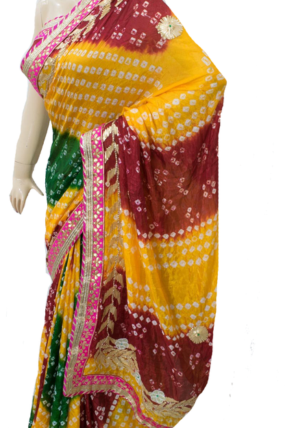 Yellow Green Red Taffeta Silk Bandhani Saree with Gota Work Border - KANHASAREE