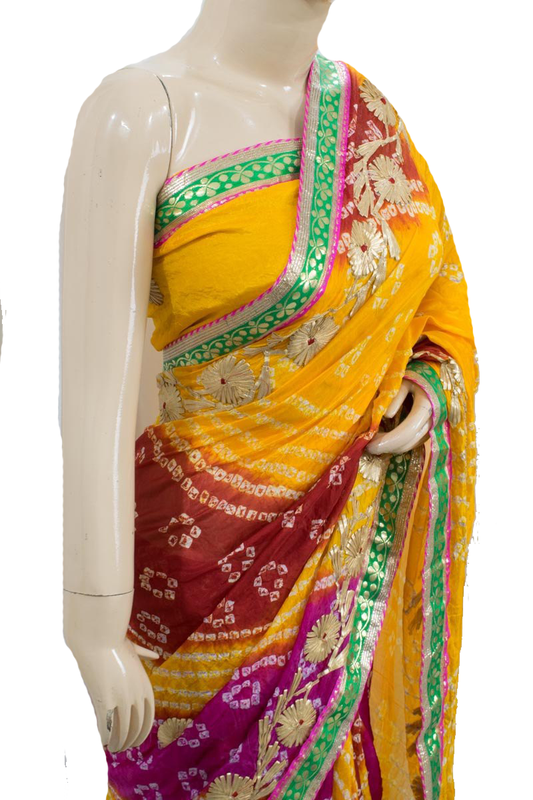 Multicolor Taffeta Silk Bandhani Saree with Gota Work Border - Kanhasarees by ksds