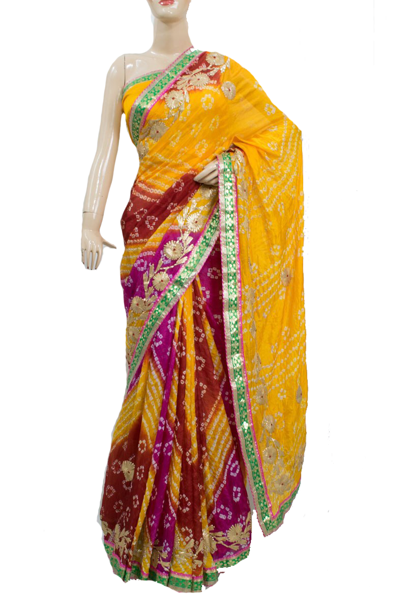 Multicolor Taffeta Silk Bandhani Saree with Gota Work Border - KANHASAREE