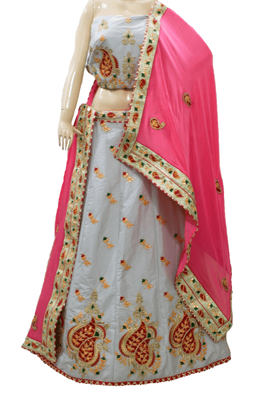 Beautiful Silk Lehenga with Gota work and Applique Bandhej Buties with Pure crepe dupatta - KANHASAREE