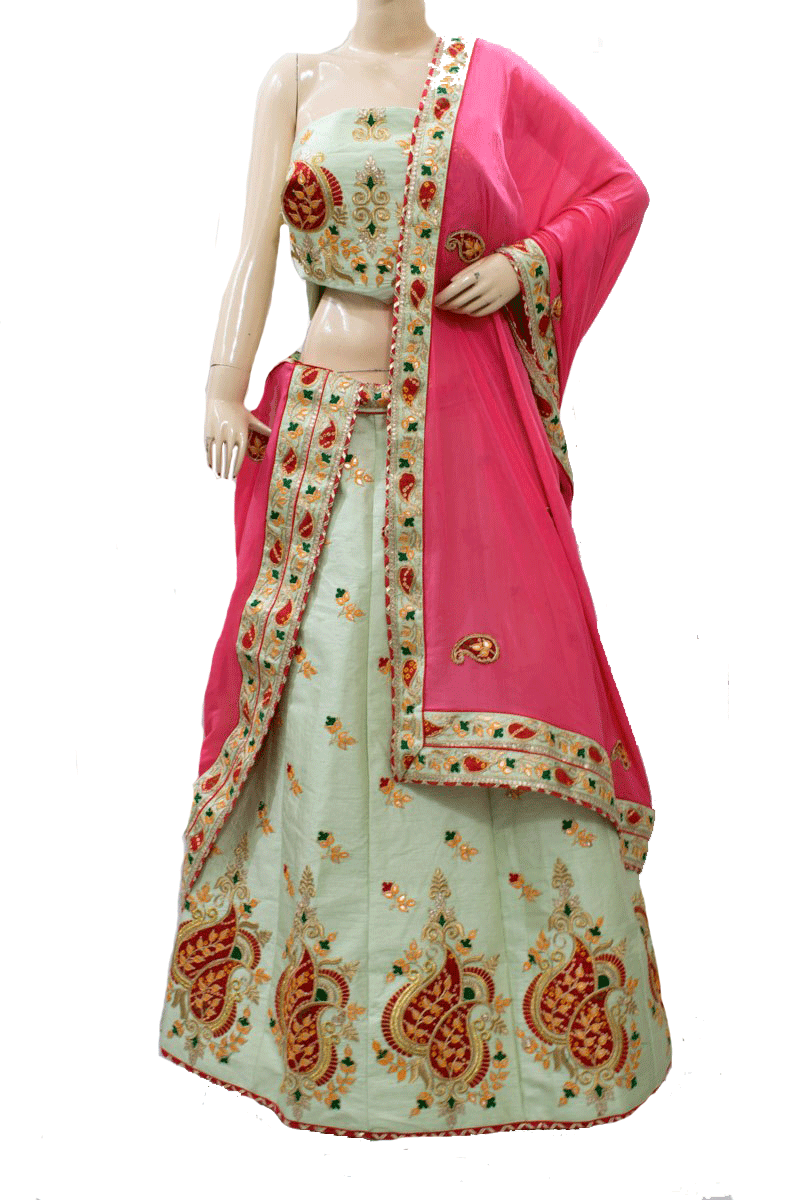 Beautiful Silk Lehenga with Gota work and Applique Bandhej Buties with Pure crepe dupatta - KANHASAREE