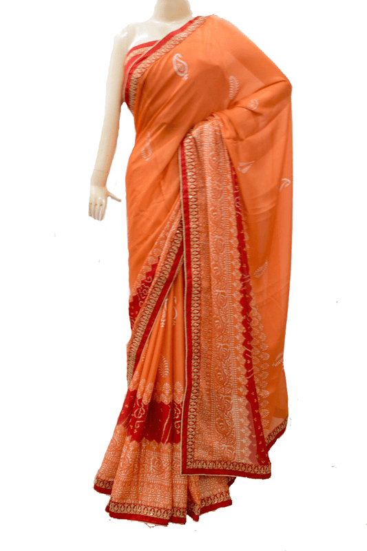 Orange Crepe Printed saree with small zari work border - KANHASAREE