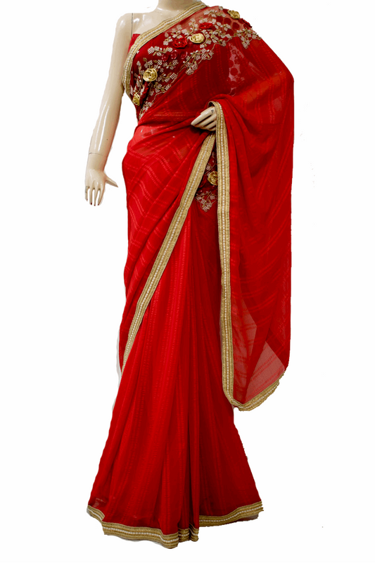 Beautiful Red Color Crepe Jacaut Applique Flower Work Saree - KANHASAREE