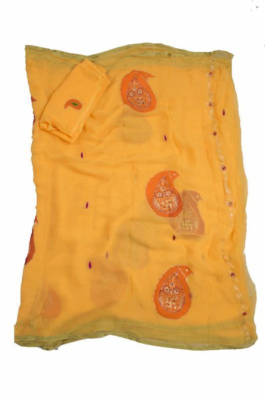 Beautiful Pure Chiffon Zari and thread work Hand Tie-Die batik Print Saree - KANHASAREE