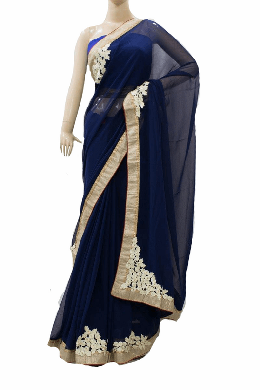 Beautiful Blue Georgette Saree with Applique work - KANHASAREE