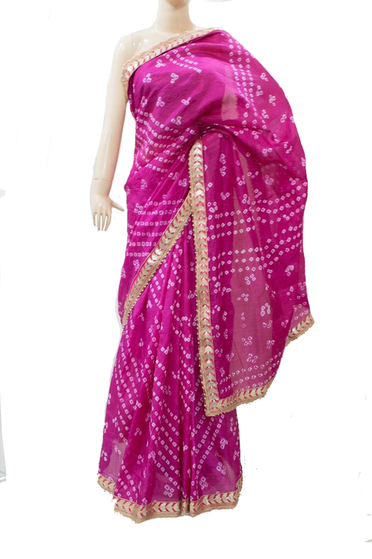 Pink Taffeta Silk Bandhani Saree with Gota Work Border - KANHASAREE