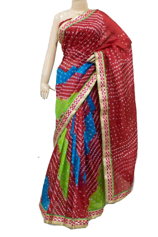 Multicolor Taffeta Silk Bandhani Saree with Gota Work Border - KANHASAREE