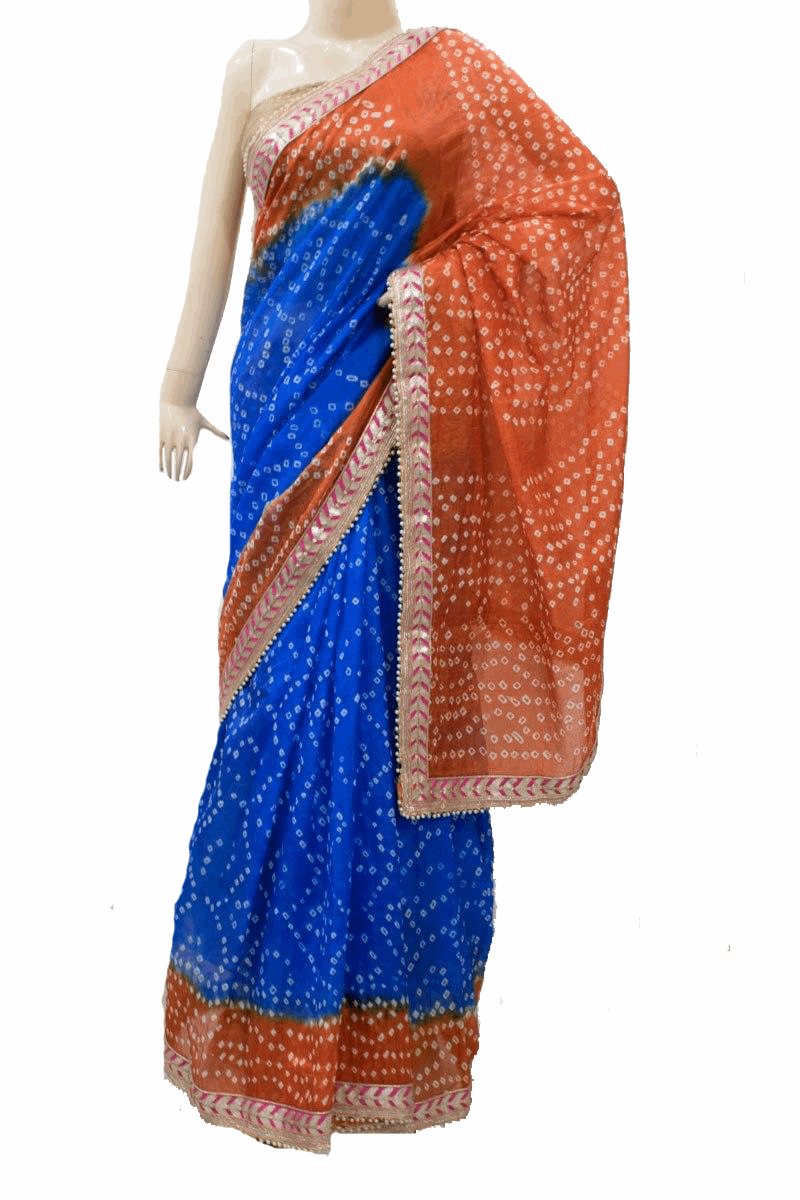 Blue Orange Taffeta Silk Bandhani Saree with Gota Work Border - KANHASAREE