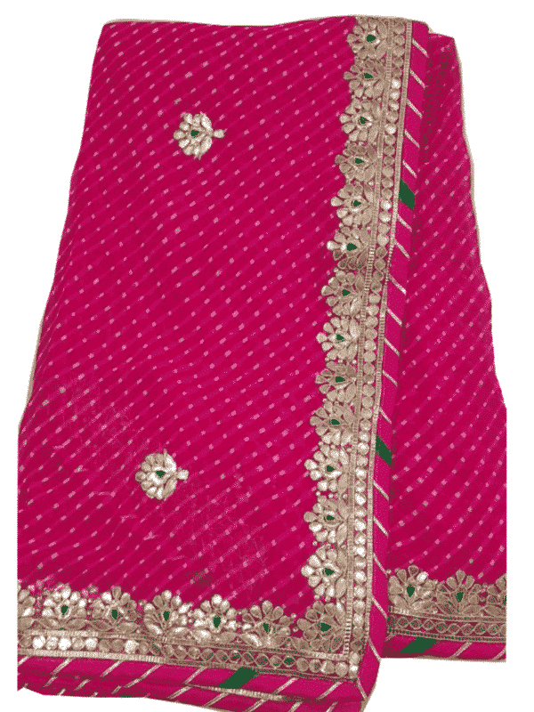 Pink color Leheriya mothara saree with gota patti handwork - KANHASAREE