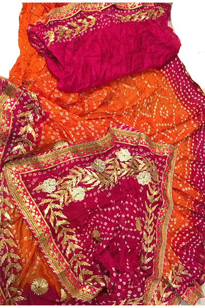 Taffeta Silk Bandhani Saree with Gota Work - KANHASAREE