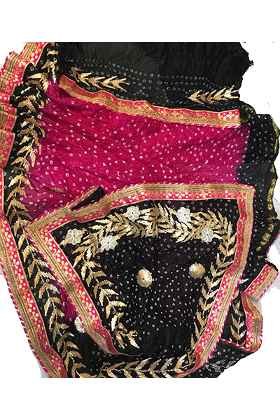 Taffeta Silk Bandhani Saree with Gota Work - KANHASAREE