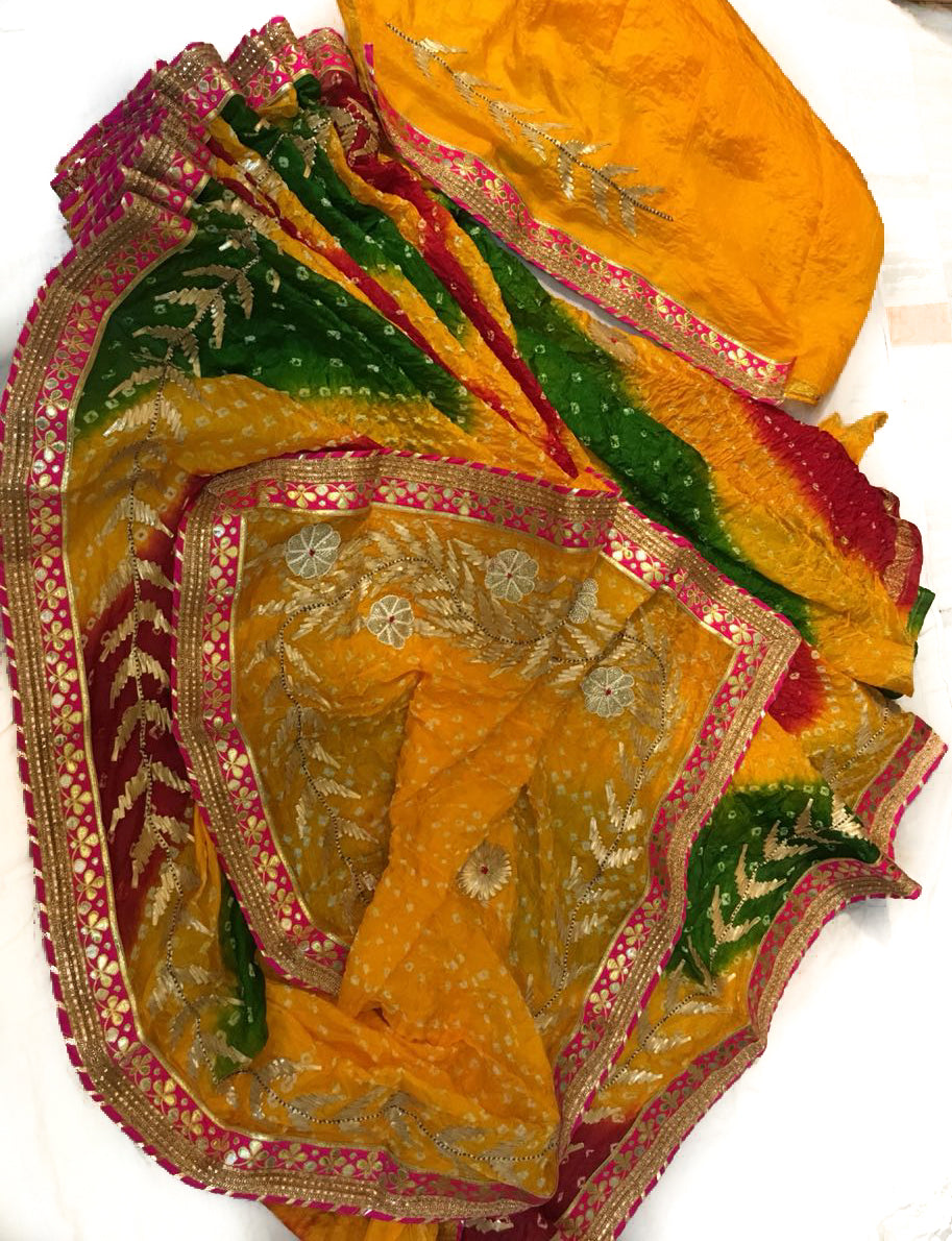 Taffeta Silk Bandhani Saree with Gota Work - KANHASAREE