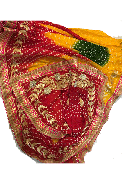 Taffeta Silk Bandhani Saree with Gota Work - KANHASAREE