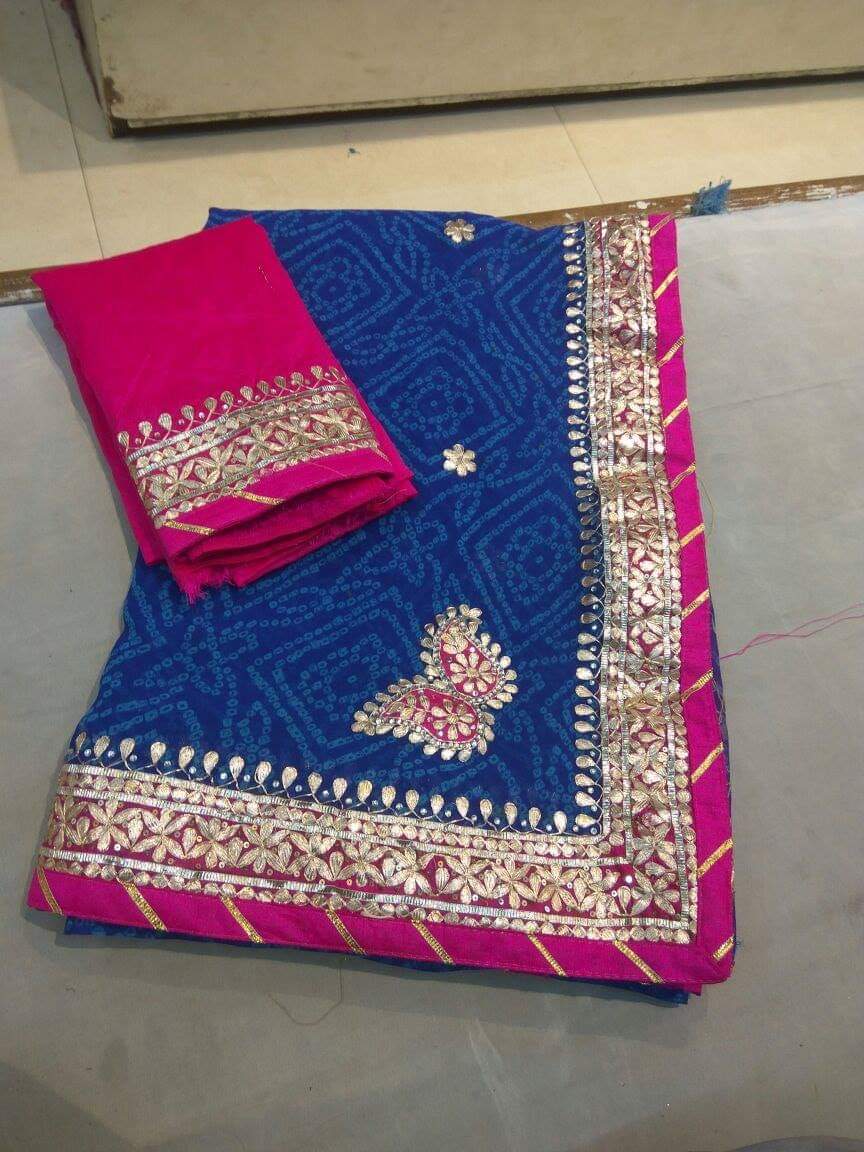 Blue Bandhej Saree with Gota Patti - KANHASAREE