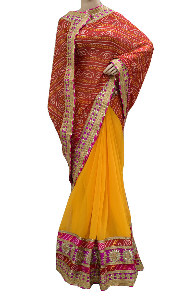 Half Bandhani Saree with Gota Work - KANHASAREE