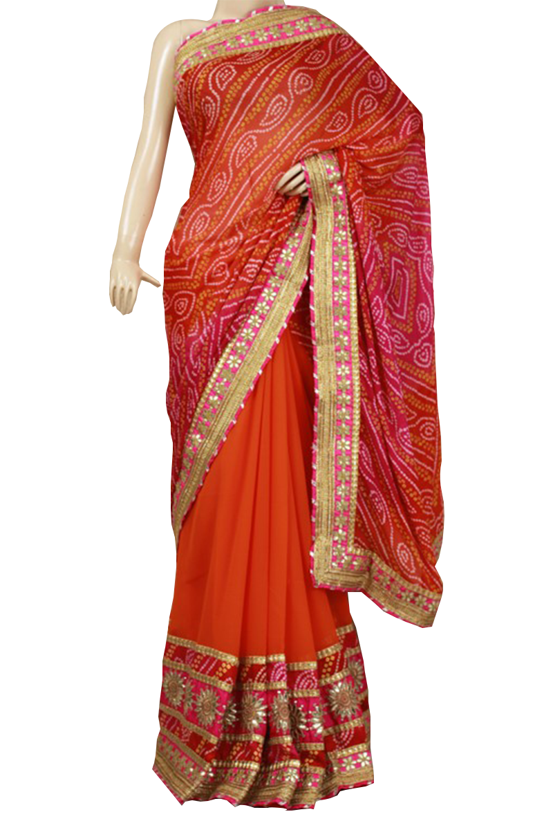 Half Bandhani Saree with Gota Work - KANHASAREE