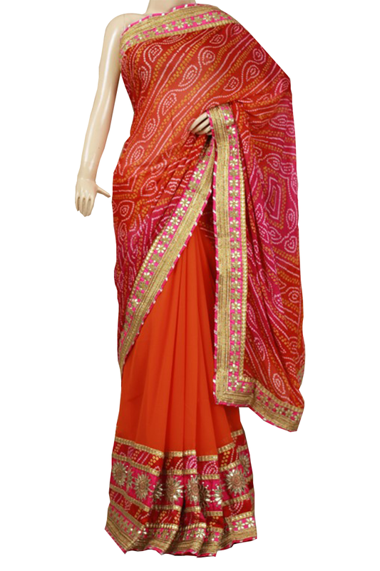 Half Bandhani Saree with Gota Work - Kanhasarees by ksds