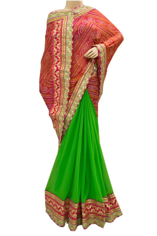 Half Bandhani Saree with Gota Work - KANHASAREE