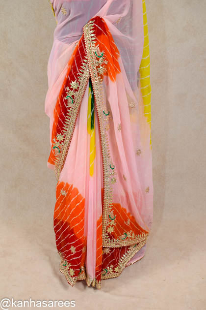 Yellow Pink Shibori Sequins Saree