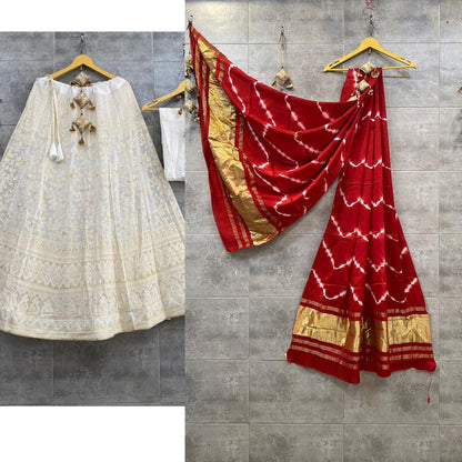 Lucknowi Cotton Lehenga Skirt with Shibori & Lagdi Patta Dupatta - KANHASAREE