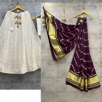 Lucknowi Cotton Lehenga Skirt with Shibori & Lagdi Patta Dupatta - KANHASAREE