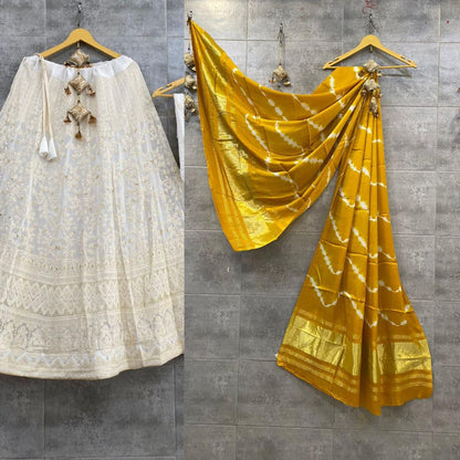 Lucknowi Cotton Lehenga Skirt with Shibori & Lagdi Patta Dupatta - KANHASAREE