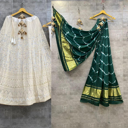 Lucknowi Cotton Lehenga Skirt with Shibori & Lagdi Patta Dupatta - KANHASAREE