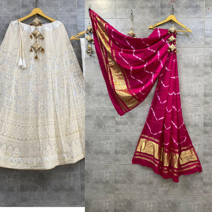 Lucknowi Cotton Lehenga Skirt with Shibori & Lagdi Patta Dupatta - KANHASAREE