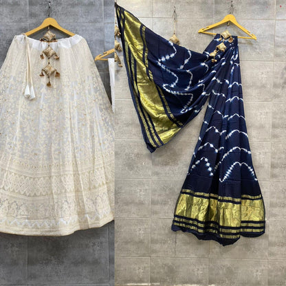 Lucknowi Cotton Lehenga Skirt with Shibori & Lagdi Patta Dupatta - KANHASAREE