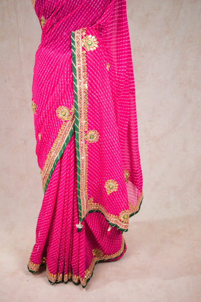 Pink leheriya mothra jaipuri handwork saree - KANHASAREE