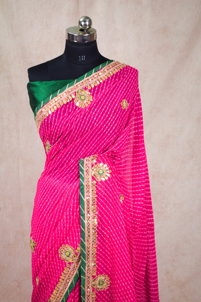 Pink leheriya mothra jaipuri handwork saree - KANHASAREE