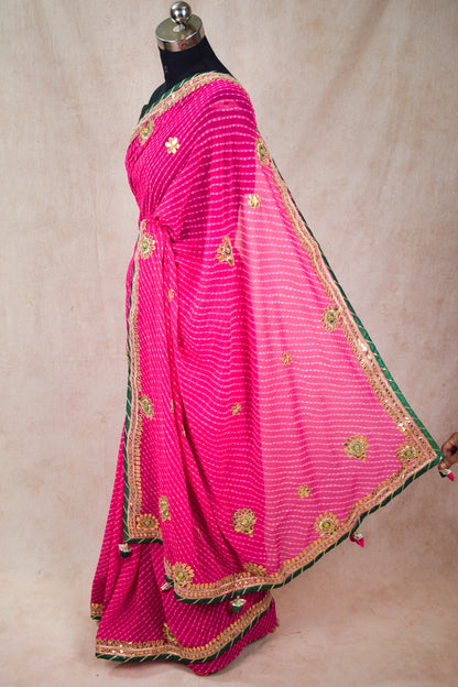 Pink leheriya mothra jaipuri handwork saree - KANHASAREE