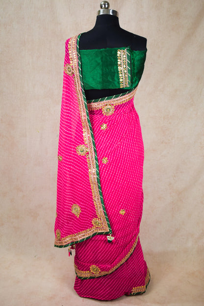 Pink leheriya mothra jaipuri handwork saree - KANHASAREE