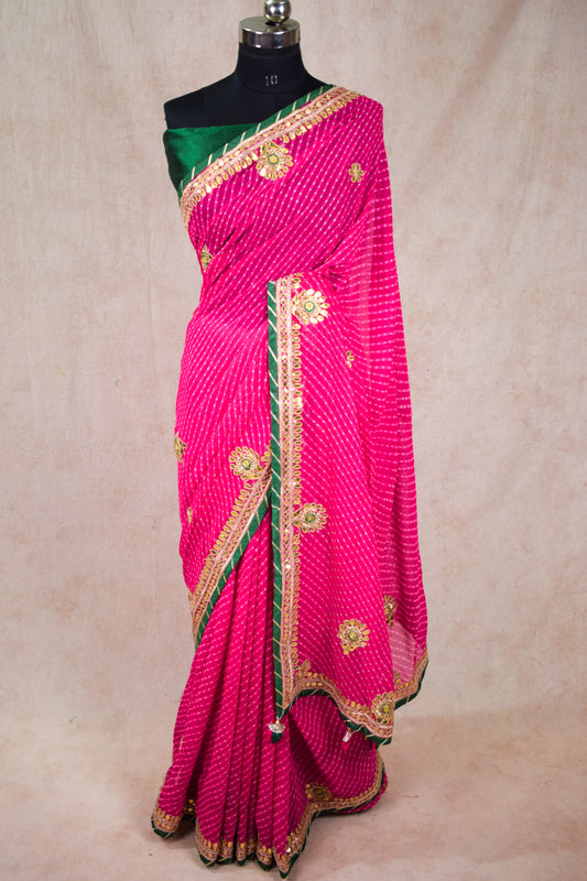 Pink leheriya mothra jaipuri handwork saree - KANHASAREE