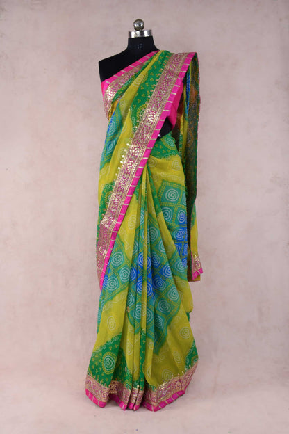 Multi Yellow Green color bandhej Saree - KANHASAREE