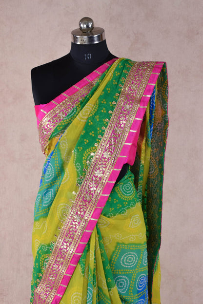 Multi Yellow Green color bandhej Saree - KANHASAREE