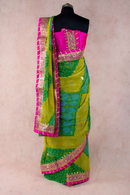 Multi Yellow Green color bandhej Saree - KANHASAREE