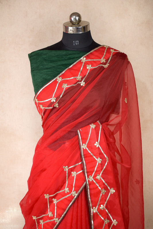 Organza saree with gotta work (red) - Kanhasarees by ksds