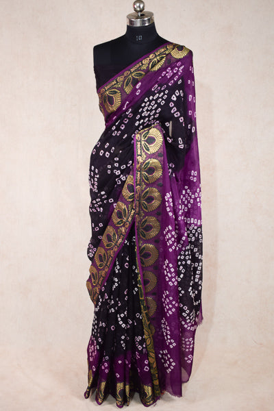 Purple black bandhani saree in jacquard - KANHASAREE